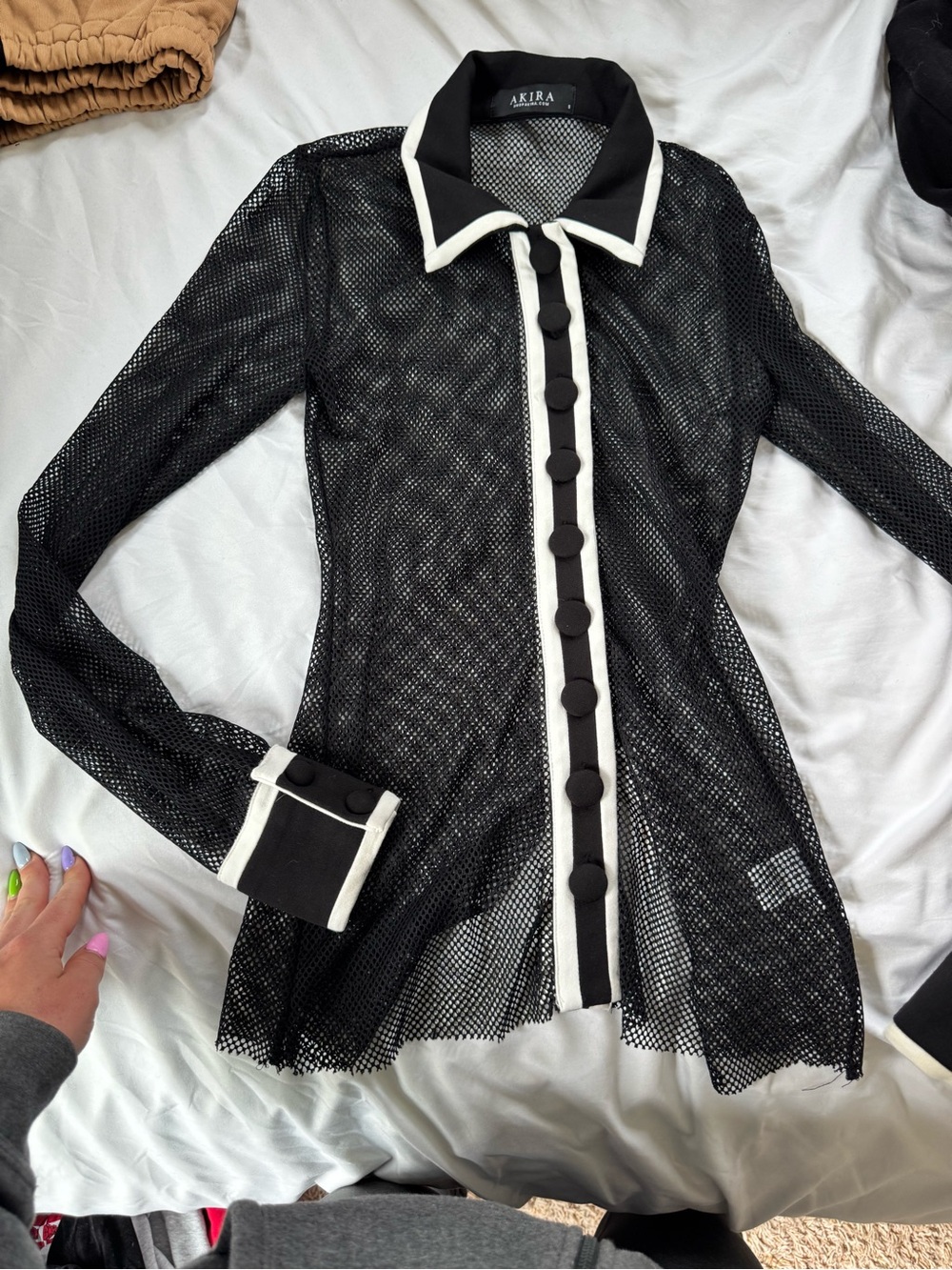 AKIRA Black Mesh Long-Sleeve Button Front Dress with White Trim